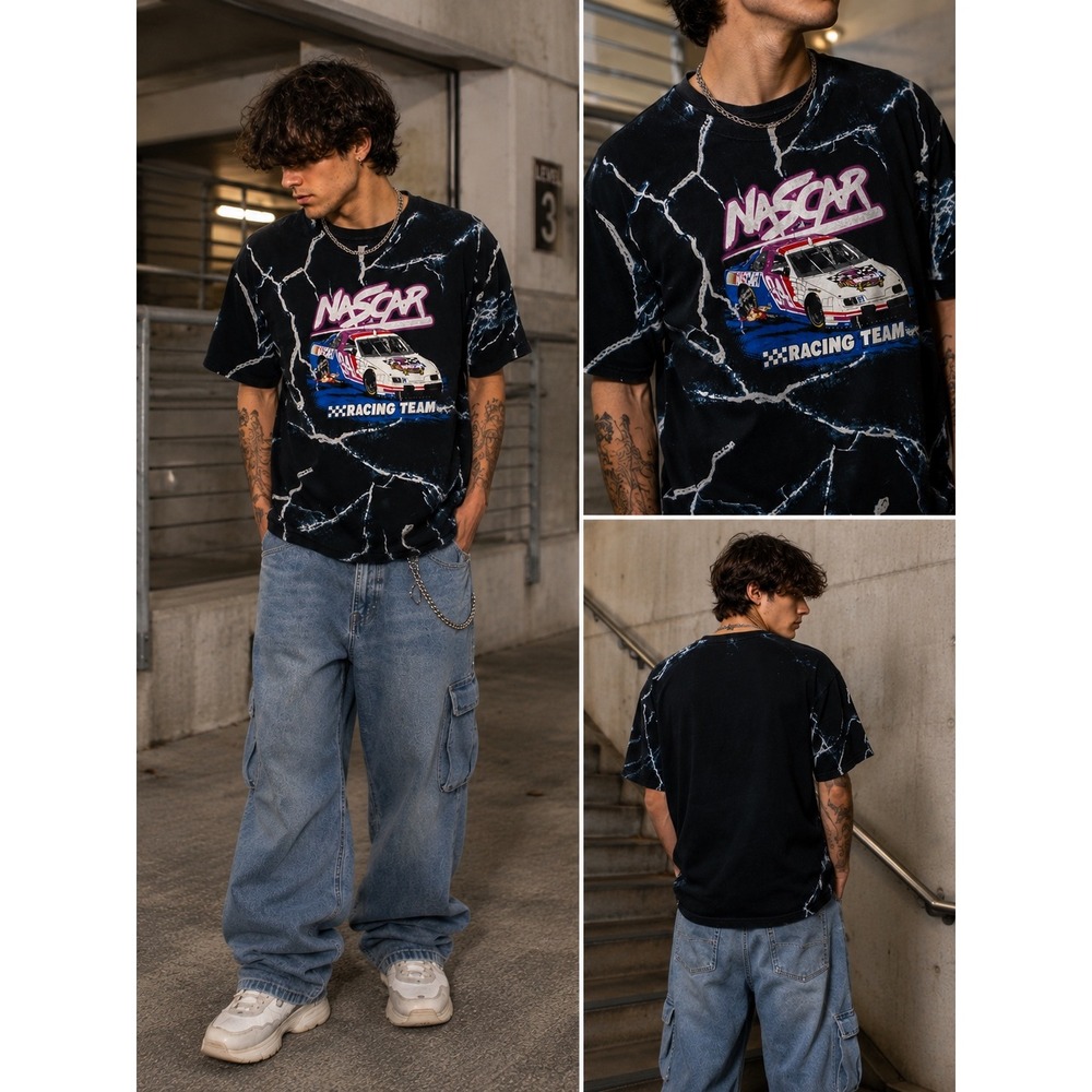 Y2K Racingcore NASCAR Lightning Graphic Tee Streetwear Grunge Black M/L